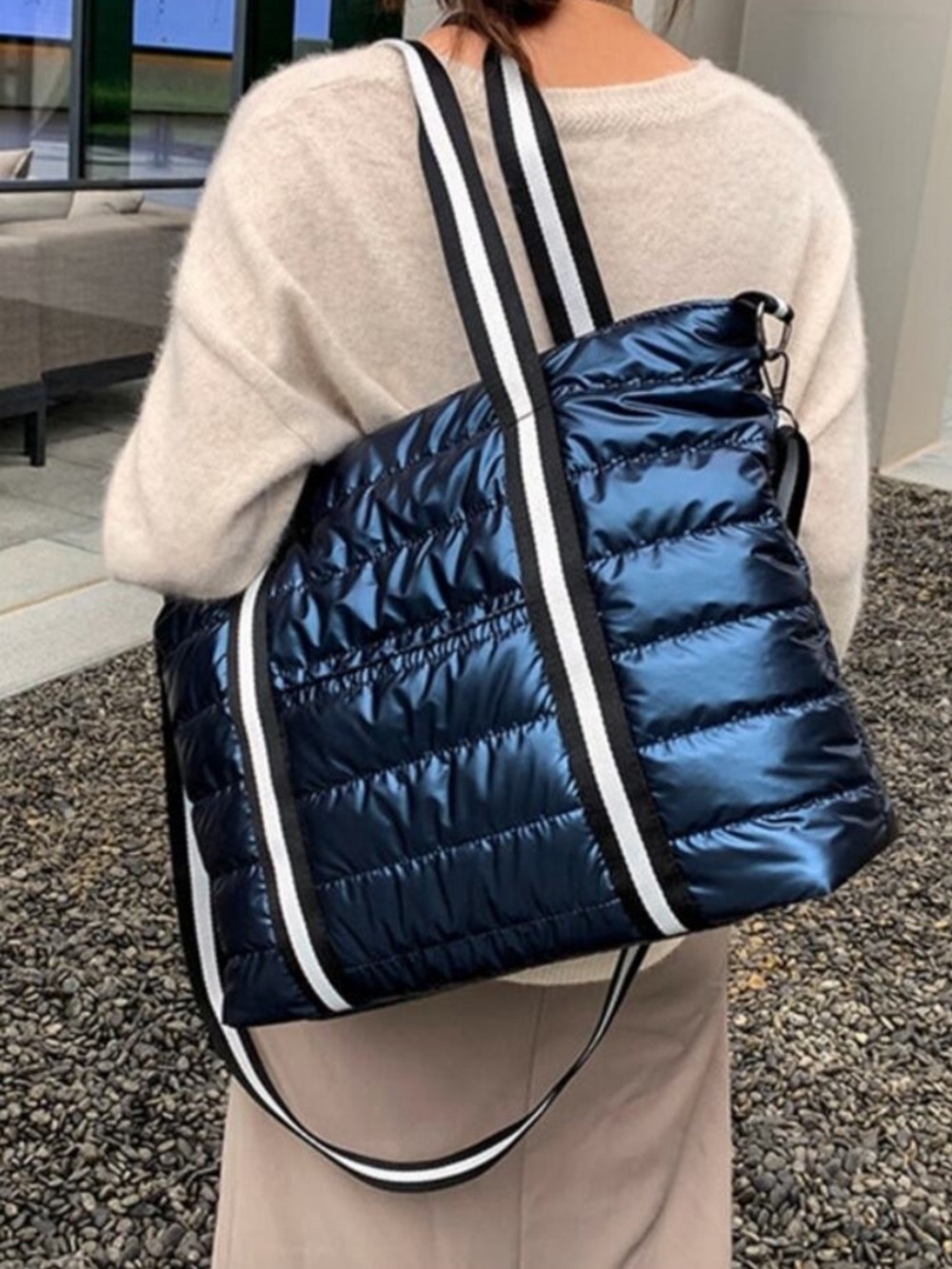 Shiny Navy Quilted Tote with Striped Strap